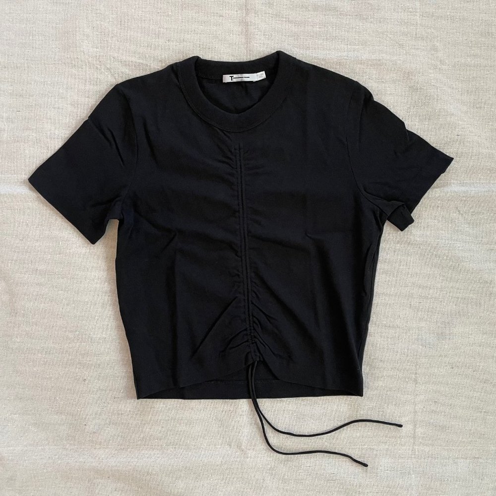 T by Alexander Wang, Short Sleeve Crop T-Shirt w/ Silk Ties , Black, XS